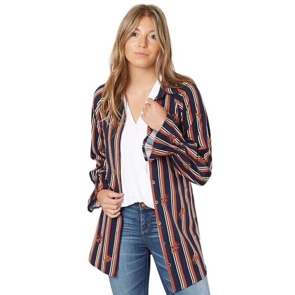 Miss Me NWT multi brown and navy striped long sleeve tunic blouse size L - Picture 4 of 16